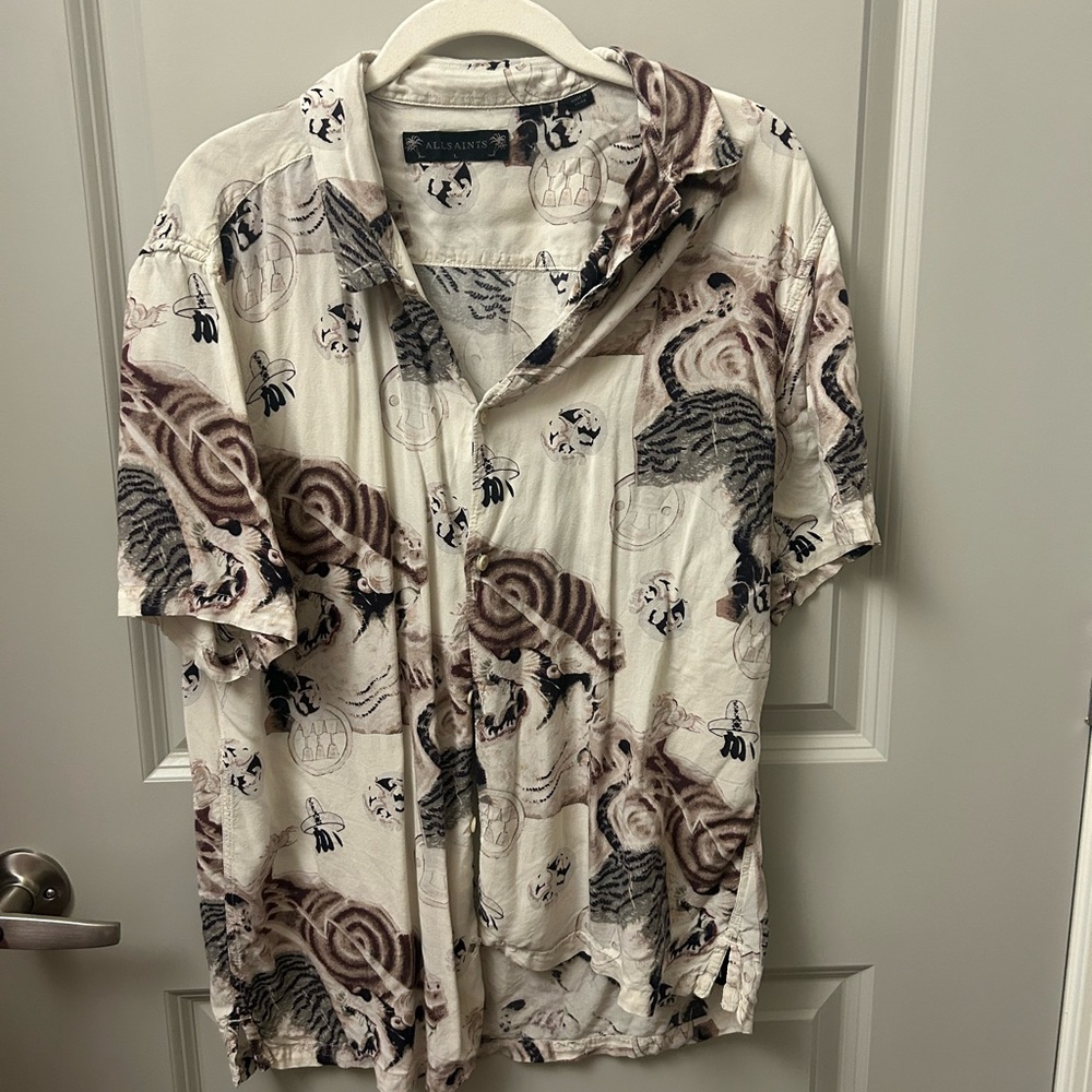 All Saints Cream and Brown Casual Button Down Shirt